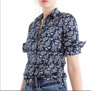J. Crew Navy Blue Deer 🦌 Popover Blouse Size 8 Style H3828